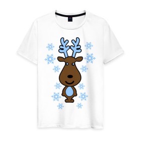 Мужская футболка хлопок с принтом Милый олень и снежинки в Петрозаводске, 100% хлопок | прямой крой, круглый вырез горловины, длина до линии бедер, слегка спущенное плечо. | new year | новый год | олень | снег | снежинки