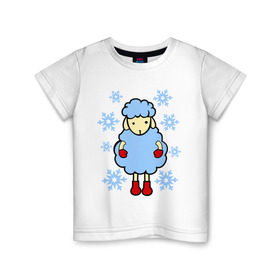 Детская футболка хлопок с принтом Барашек и снежинки в Петрозаводске, 100% хлопок | круглый вырез горловины, полуприлегающий силуэт, длина до линии бедер | барашек | зима | новый год | овечка | овца | снег | снежинки