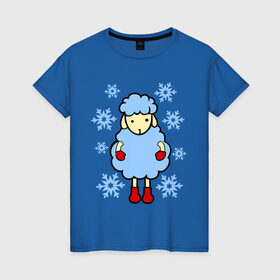 Женская футболка хлопок с принтом Барашек и снежинки в Петрозаводске, 100% хлопок | прямой крой, круглый вырез горловины, длина до линии бедер, слегка спущенное плечо | барашек | зима | новый год | овечка | овца | снег | снежинки