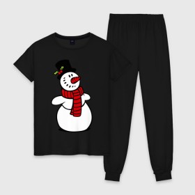 Женская пижама хлопок с принтом Весёлый снеговик в Петрозаводске, 100% хлопок | брюки и футболка прямого кроя, без карманов, на брюках мягкая резинка на поясе и по низу штанин | new year | новый год | рождество | снеговик