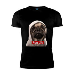 Мужская футболка премиум с принтом Pug life в Петрозаводске, 92% хлопок, 8% лайкра | приталенный силуэт, круглый вырез ворота, длина до линии бедра, короткий рукав | pug life | жизнь | капюшон | мопс | собака