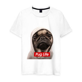 Мужская футболка хлопок с принтом Pug life в Петрозаводске, 100% хлопок | прямой крой, круглый вырез горловины, длина до линии бедер, слегка спущенное плечо. | pug life | жизнь | капюшон | мопс | собака