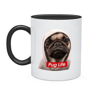 Кружка двухцветная с принтом Pug life в Петрозаводске, керамика | объем — 330 мл, диаметр — 80 мм. Цветная ручка и кайма сверху, в некоторых цветах — вся внутренняя часть | pug life | жизнь | капюшон | мопс | собака