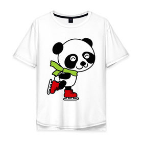 Мужская футболка хлопок Oversize с принтом Панда на коньках в Петрозаводске, 100% хлопок | свободный крой, круглый ворот, “спинка” длиннее передней части | панда