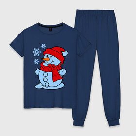 Женская пижама хлопок с принтом Снеговик и снежинки в Петрозаводске, 100% хлопок | брюки и футболка прямого кроя, без карманов, на брюках мягкая резинка на поясе и по низу штанин | зима | новый год | снег | снеговик | снежинки