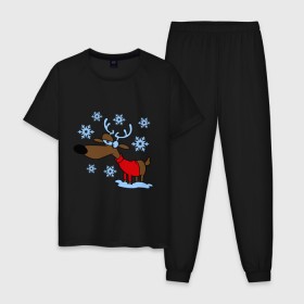 Мужская пижама хлопок с принтом Олень в снегу в Петрозаводске, 100% хлопок | брюки и футболка прямого кроя, без карманов, на брюках мягкая резинка на поясе и по низу штанин
 | new year | новый год | олень | снег