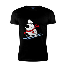 Мужская футболка премиум с принтом Мишка на лыжах. в Петрозаводске, 92% хлопок, 8% лайкра | приталенный силуэт, круглый вырез ворота, длина до линии бедра, короткий рукав | Тематика изображения на принте: белый | зима | лыжи | медведь | мишка | новый год