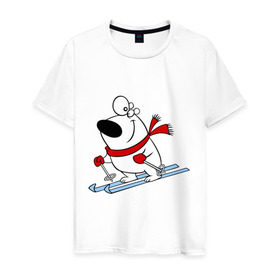 Мужская футболка хлопок с принтом Мишка на лыжах. в Петрозаводске, 100% хлопок | прямой крой, круглый вырез горловины, длина до линии бедер, слегка спущенное плечо. | Тематика изображения на принте: белый | зима | лыжи | медведь | мишка | новый год