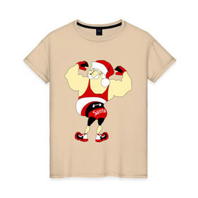 Женская футболка хлопок с принтом Санта бодибилдер в Петрозаводске, 100% хлопок | прямой крой, круглый вырез горловины, длина до линии бедер, слегка спущенное плечо | 2015 | бодибилдер | культурист | новый год | рождество | санта