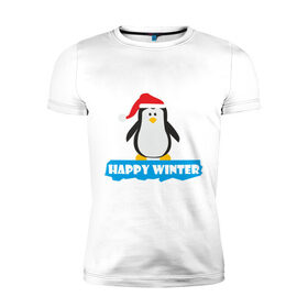 Мужская футболка премиум с принтом Новогодний пингвин на льдине в Петрозаводске, 92% хлопок, 8% лайкра | приталенный силуэт, круглый вырез ворота, длина до линии бедра, короткий рукав | Тематика изображения на принте: пингвин