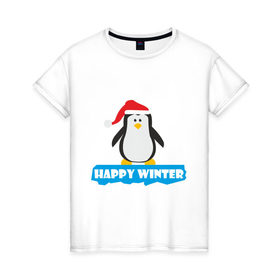 Женская футболка хлопок с принтом Новогодний пингвин на льдине в Петрозаводске, 100% хлопок | прямой крой, круглый вырез горловины, длина до линии бедер, слегка спущенное плечо | пингвин
