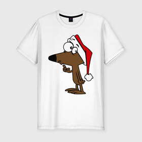 Мужская футболка премиум с принтом Собачка в новогодней шапке в Петрозаводске, 92% хлопок, 8% лайкра | приталенный силуэт, круглый вырез ворота, длина до линии бедра, короткий рукав | 2015 | new year | новый год | собака | шапка