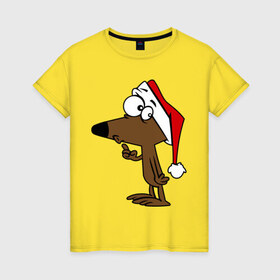 Женская футболка хлопок с принтом Собачка в новогодней шапке в Петрозаводске, 100% хлопок | прямой крой, круглый вырез горловины, длина до линии бедер, слегка спущенное плечо | 2015 | new year | новый год | собака | шапка