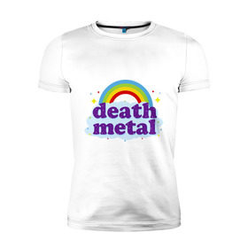 Мужская футболка премиум с принтом Rainbow death metal в Петрозаводске, 92% хлопок, 8% лайкра | приталенный силуэт, круглый вырез ворота, длина до линии бедра, короткий рукав | будь металистом | волшебство | метал | музыка | оставайся рокером | прикол | радуга | рок | рокерам