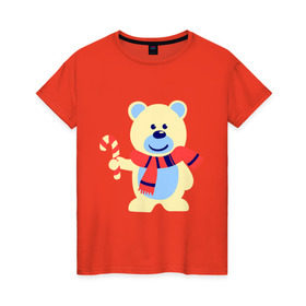 Женская футболка хлопок с принтом Мишка в Петрозаводске, 100% хлопок | прямой крой, круглый вырез горловины, длина до линии бедер, слегка спущенное плечо | конфета | леденец | медведь | мишка | нг | новый год | шарф