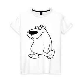 Женская футболка хлопок с принтом Веселый белый медведь в Петрозаводске, 100% хлопок | прямой крой, круглый вырез горловины, длина до линии бедер, слегка спущенное плечо | new year | белый | медведь | северный полюс