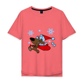 Мужская футболка хлопок Oversize с принтом Собачка в новогоднем колпаке в Петрозаводске, 100% хлопок | свободный крой, круглый ворот, “спинка” длиннее передней части | new year | новый год | пес | собака