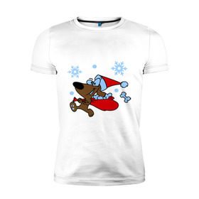 Мужская футболка премиум с принтом Собачка в новогоднем колпаке в Петрозаводске, 92% хлопок, 8% лайкра | приталенный силуэт, круглый вырез ворота, длина до линии бедра, короткий рукав | new year | новый год | пес | собака