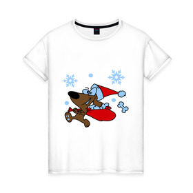 Женская футболка хлопок с принтом Собачка в новогоднем колпаке в Петрозаводске, 100% хлопок | прямой крой, круглый вырез горловины, длина до линии бедер, слегка спущенное плечо | new year | новый год | пес | собака