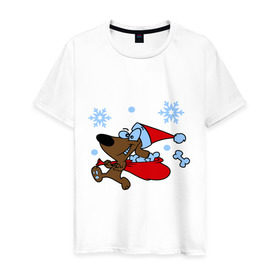 Мужская футболка хлопок с принтом Собачка в новогоднем колпаке в Петрозаводске, 100% хлопок | прямой крой, круглый вырез горловины, длина до линии бедер, слегка спущенное плечо. | Тематика изображения на принте: new year | новый год | пес | собака