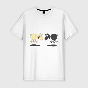 Мужская футболка премиум с принтом Прыгающие овечки в Петрозаводске, 92% хлопок, 8% лайкра | приталенный силуэт, круглый вырез ворота, длина до линии бедра, короткий рукав | 2015 | бараны | животные | овечки | приколы | символ года | ягнята
