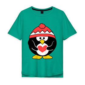 Мужская футболка хлопок Oversize с принтом Пингвин с сердцем в Петрозаводске, 100% хлопок | свободный крой, круглый ворот, “спинка” длиннее передней части | Тематика изображения на принте: пингвин