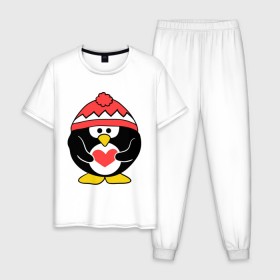 Мужская пижама хлопок с принтом Пингвин с сердцем в Петрозаводске, 100% хлопок | брюки и футболка прямого кроя, без карманов, на брюках мягкая резинка на поясе и по низу штанин
 | Тематика изображения на принте: пингвин