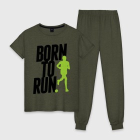 Женская пижама хлопок с принтом Рожден для бега в Петрозаводске, 100% хлопок | брюки и футболка прямого кроя, без карманов, на брюках мягкая резинка на поясе и по низу штанин | Тематика изображения на принте: born to run | run | бегать | рожден | рожден бежать