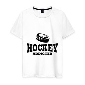 Мужская футболка хлопок с принтом Хоккей - зависимый в Петрозаводске, 100% хлопок | прямой крой, круглый вырез горловины, длина до линии бедер, слегка спущенное плечо. | addicted | hockey | зависимость | хоккей