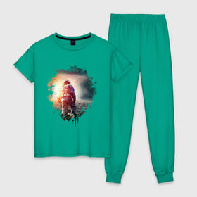Женская пижама хлопок с принтом Interstellar в Петрозаводске, 100% хлопок | брюки и футболка прямого кроя, без карманов, на брюках мягкая резинка на поясе и по низу штанин | interstellar | интерстеллар | космонавт | космос