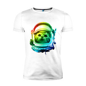 Мужская футболка премиум с принтом Кот космонавт в Петрозаводске, 92% хлопок, 8% лайкра | приталенный силуэт, круглый вырез ворота, длина до линии бедра, короткий рукав | space | астронавт | животные | звезды | космос | кот | кошка | мордочка | шлем