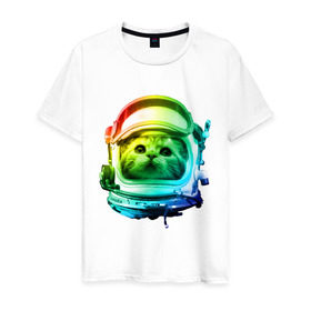 Мужская футболка хлопок с принтом Кот космонавт в Петрозаводске, 100% хлопок | прямой крой, круглый вырез горловины, длина до линии бедер, слегка спущенное плечо. | space | астронавт | животные | звезды | космос | кот | кошка | мордочка | шлем