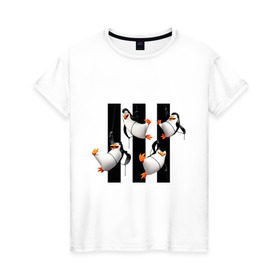 Женская футболка хлопок с принтом Пингвины Мадагаскара в Петрозаводске, 100% хлопок | прямой крой, круглый вырез горловины, длина до линии бедер, слегка спущенное плечо | мадагаскар | мультик | пингвины