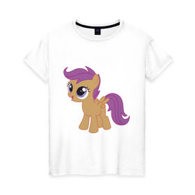 Женская футболка хлопок с принтом Пони Скуталу в Петрозаводске, 100% хлопок | прямой крой, круглый вырез горловины, длина до линии бедер, слегка спущенное плечо | my little pony | мой маленький пони | пони | скуталу