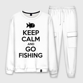 Мужской костюм хлопок с принтом Keep calm and go fishing в Петрозаводске, 100% хлопок | на свитшоте круглая горловина, мягкая резинка по низу. Брюки заужены к низу, на них два вида карманов: два “обычных” по бокам и два объемных, с клапанами, расположенные ниже линии бедра. Брюки с мягкой трикотажной резинкой на поясе и по низу штанин. В поясе для дополнительного комфорта — широкие завязки | fishing | keep calm | рыбак | рыбалка | рыбачить | сохраняй спокойствие