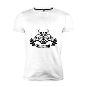 Мужская футболка премиум с принтом Bodybuilder bull в Петрозаводске, 92% хлопок, 8% лайкра | приталенный силуэт, круглый вырез ворота, длина до линии бедра, короткий рукав | animal