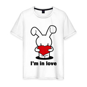 Мужская футболка хлопок с принтом Зайка с сердцем, влюблён(а) в Петрозаводске, 100% хлопок | прямой крой, круглый вырез горловины, длина до линии бедер, слегка спущенное плечо. | 