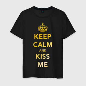 Мужская футболка хлопок с принтом Keep calm and kiss me в Петрозаводске, 100% хлопок | прямой крой, круглый вырез горловины, длина до линии бедер, слегка спущенное плечо. | keep calm | kiss | золото | поцелуй | сохраняй спокойствие