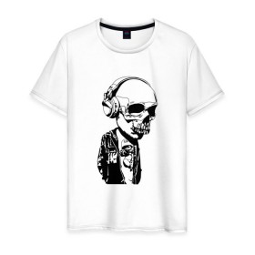 Мужская футболка хлопок с принтом Череп в наушниках в Петрозаводске, 100% хлопок | прямой крой, круглый вырез горловины, длина до линии бедер, слегка спущенное плечо. | Тематика изображения на принте: 