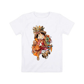 Детская футболка хлопок с принтом Луффи- король пиратов в Петрозаводске, 100% хлопок | круглый вырез горловины, полуприлегающий силуэт, длина до линии бедер | anime | mugivara | one piece | pirates | аниме | ванпис | король | кубок | луффи | манга | мугивары | оба | пираты