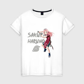 Женская футболка хлопок с принтом Сакура Харуно в Петрозаводске, 100% хлопок | прямой крой, круглый вырез горловины, длина до линии бедер, слегка спущенное плечо | sakura | дзютсу | сакура