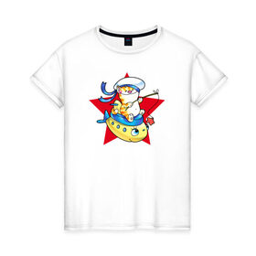 Женская футболка хлопок с принтом Кот моряк в Петрозаводске, 100% хлопок | прямой крой, круглый вырез горловины, длина до линии бедер, слегка спущенное плечо | 