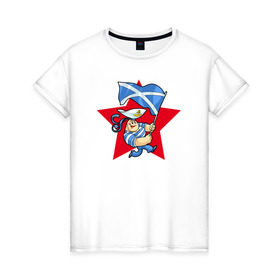 Женская футболка хлопок с принтом Моряк с флагом ВМФ в Петрозаводске, 100% хлопок | прямой крой, круглый вырез горловины, длина до линии бедер, слегка спущенное плечо | 