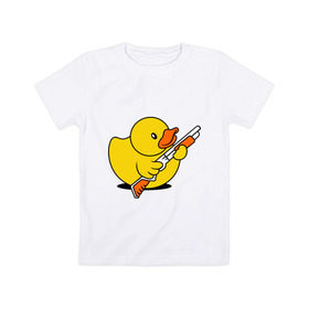 Детская футболка хлопок с принтом Утенок с ружъем в Петрозаводске, 100% хлопок | круглый вырез горловины, полуприлегающий силуэт, длина до линии бедер | обрез | ружье | утенок | утка | уточка