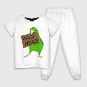Детская пижама хлопок с принтом Bird Nerd в Петрозаводске, 100% хлопок |  брюки и футболка прямого кроя, без карманов, на брюках мягкая резинка на поясе и по низу штанин
 | Тематика изображения на принте: bird nerd | myparrots | зеленый | клюв | нерд | попугай | птицы | птичник