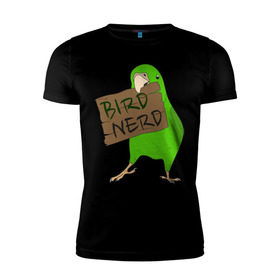 Мужская футболка премиум с принтом Bird Nerd в Петрозаводске, 92% хлопок, 8% лайкра | приталенный силуэт, круглый вырез ворота, длина до линии бедра, короткий рукав | Тематика изображения на принте: bird nerd | myparrots | зеленый | клюв | нерд | попугай | птицы | птичник