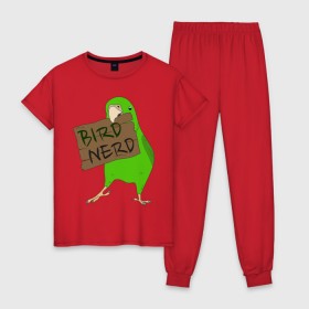 Женская пижама хлопок с принтом Bird Nerd в Петрозаводске, 100% хлопок | брюки и футболка прямого кроя, без карманов, на брюках мягкая резинка на поясе и по низу штанин | bird nerd | myparrots | зеленый | клюв | нерд | попугай | птицы | птичник