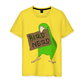 Мужская футболка хлопок с принтом Bird Nerd в Петрозаводске, 100% хлопок | прямой крой, круглый вырез горловины, длина до линии бедер, слегка спущенное плечо. | bird nerd | myparrots | зеленый | клюв | нерд | попугай | птицы | птичник