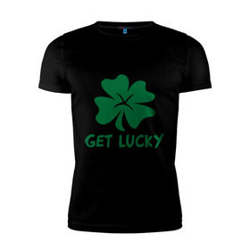 Мужская футболка премиум с принтом Get lucky в Петрозаводске, 92% хлопок, 8% лайкра | приталенный силуэт, круглый вырез ворота, длина до линии бедра, короткий рукав | Тематика изображения на принте: get lucky | ирландия | клевер | патрик | святой