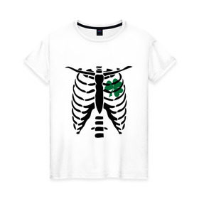 Женская футболка хлопок с принтом Скелет и клевер в Петрозаводске, 100% хлопок | прямой крой, круглый вырез горловины, длина до линии бедер, слегка спущенное плечо | скелет